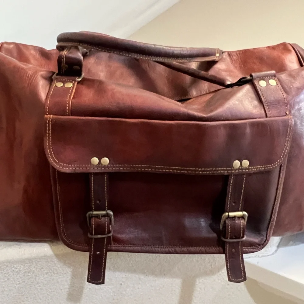 Men's‎ Genuine Dark Leather Large Vintage Duffel Travel Weekend Overnight Bag